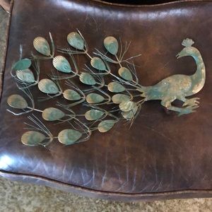 Set of 2 Vintage 18” Greenish/Gold Colored Metal Peacock Bird Wall Art Decor.